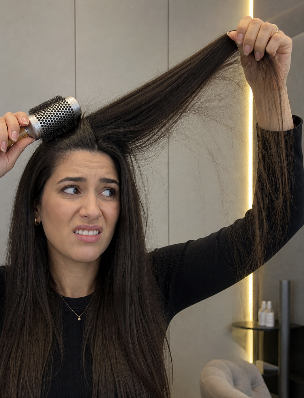 Mulher frustrada com cabelo armado e sem forma após escova