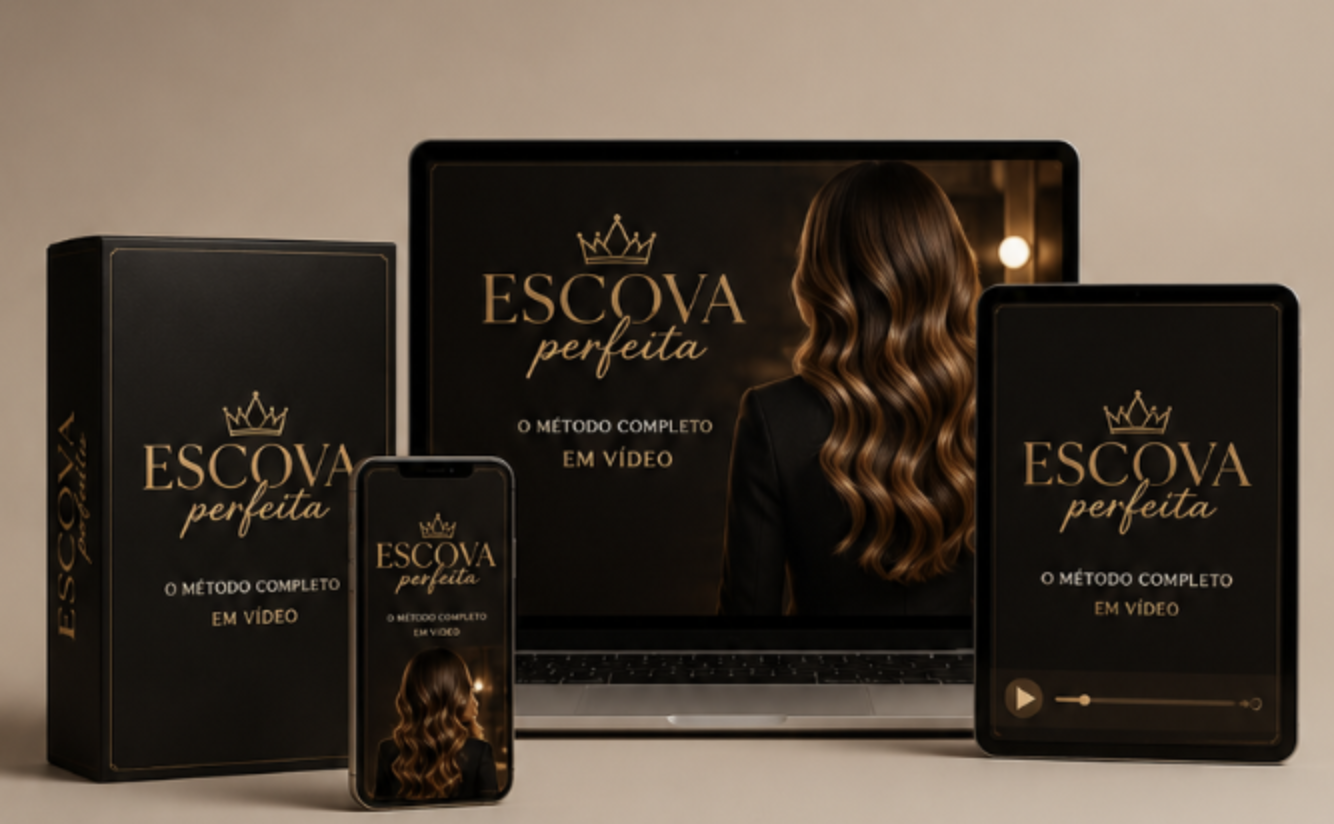 Mockup do curso Escova Perfeita em notebook, tablet, celular e box